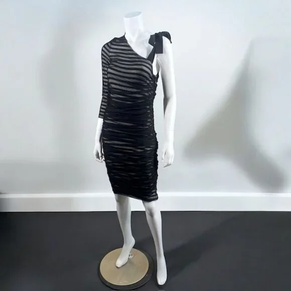 BCBGMaxAzria One Shoulder Striped Mesh Overlay Pencil Dress Black, size Medium - Picture 3 of 16